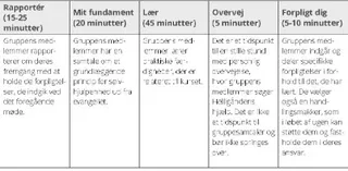 Skema, fem afsnit i et selvhjulpenhedsgruppemøde