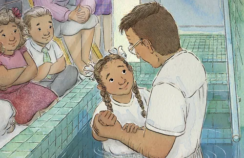 young girl being baptized in font