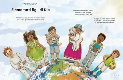 PDF della pagina con un’illustrazione di bambini in piedi su un mappamondo vestiti con abiti tradizionali di diverse nazioni