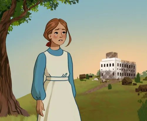 A pioneer girl looking at the unfinished Nauvoo Temple