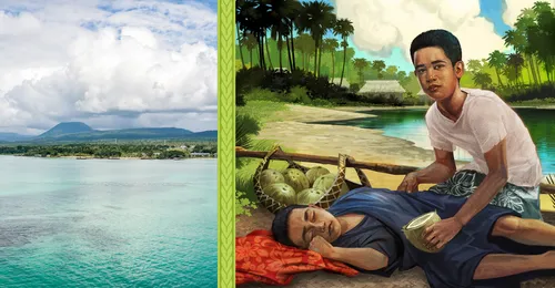 Samoan island with boy helping sick villager