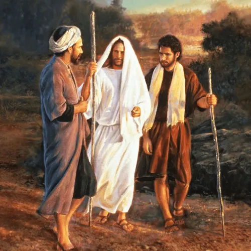 Christ with disciples on road to Emmaus