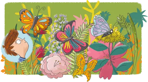 boy looking at beautiful butterflies