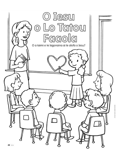 Itulau valivali o se faiaoga ma tamaiti i se vasega Peraimeri ma se tamaitiiti e toatasi o loo tusia se fatu i luga o le laupapa