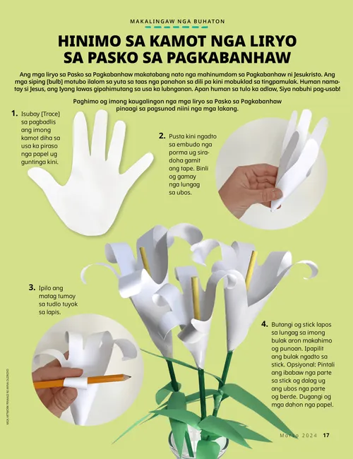 PDF nga pahina sa mga lakang sa paghimo og usa ka liryo nga giprinta sa kamot ug papel