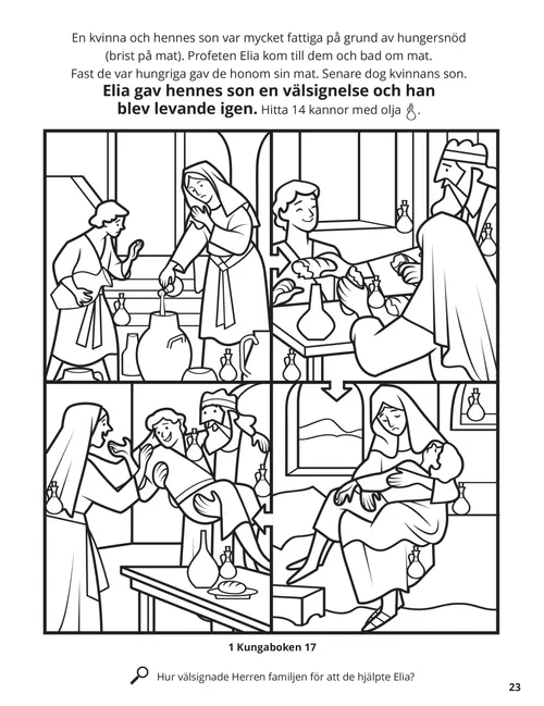 Färgläggnings-pdf där Elia äter med en kvinna och hennes son, och Elia botar sonen.