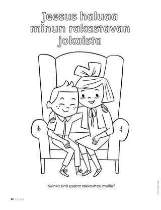 Värityskuva-PDF, jossa kaksi lasta istuvat tuolissa yhdessä