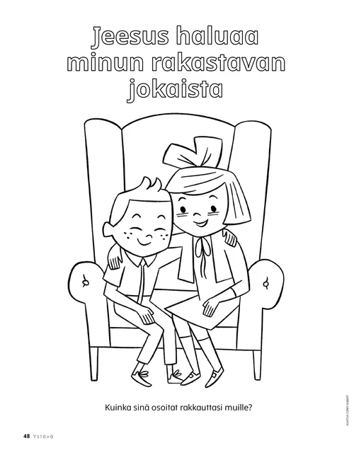 PDF-värityssivu, jossa tyttö ja poika istuvat isossa tuolissa käsivarret toistensa harteilla