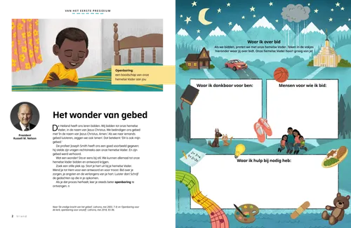 Pdf met illustratie van een jongen in gebed; en een activiteit om op te schrijven waar je over kunt bidden