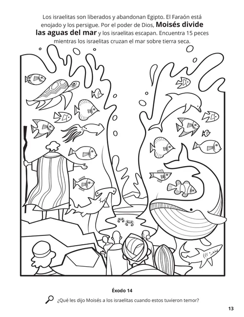 Página para colorear en PDF del mar Rojo dividiéndose, con una variedad de peces para colorear