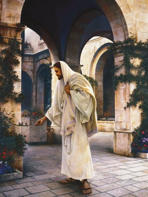 Christ feeding birds in a courtyard