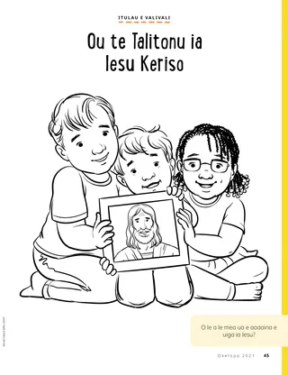 coloring page of children holding picture of Jesus