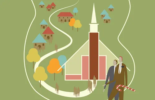 missionaries and others by church building