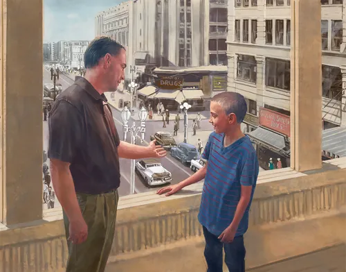 Painting of a father talking to son in front of window with a view of the city below