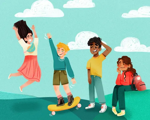 four youth displaying a different level of the feeling of being happy