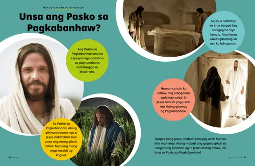 PDF nga pahina nga adunay mga litrato ni Jesukristo nga nagpahiyom, nag-ampo didto sa Tanaman sa Getsemane, ang walay sulod nga lubnganan, ug ang nabanhaw nga si Jesus nagpakita ngadto ni Maria