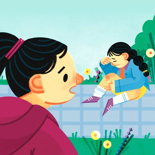 Нэг охин ойчиж гэмтэхийг харж буй охин