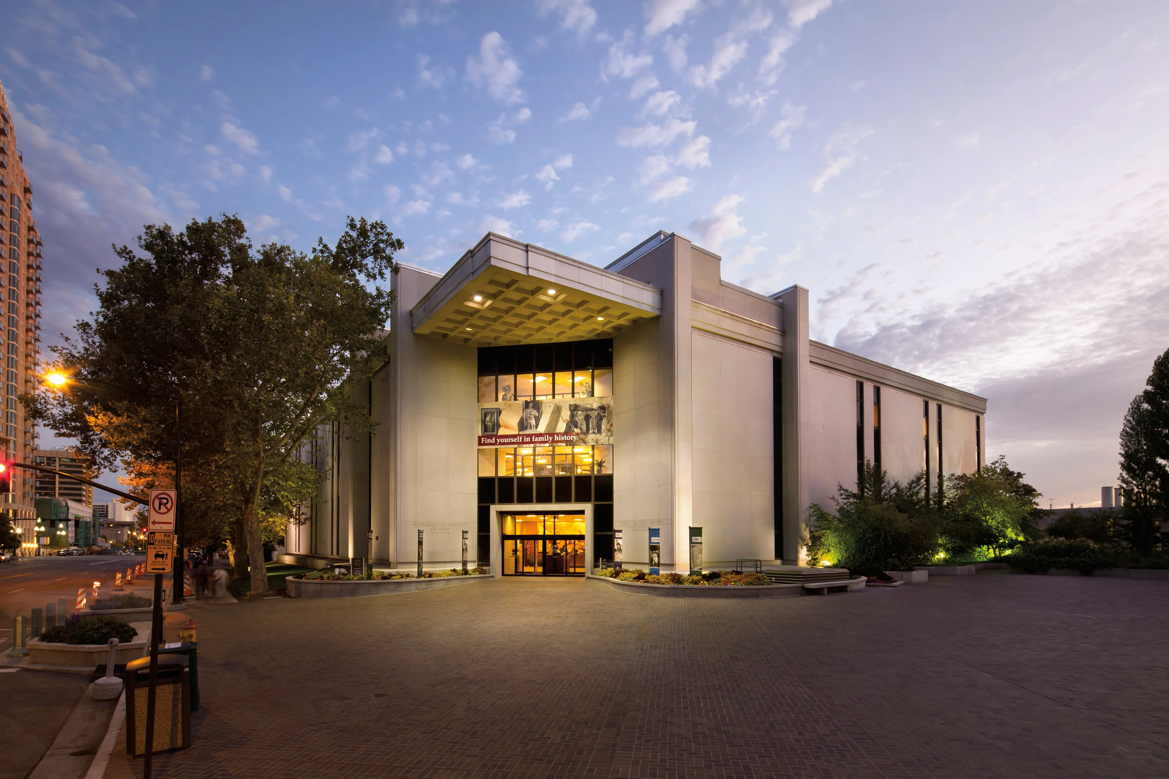 An image of the exterior of the Family History Library.