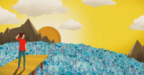 young man looking at an ocean of money