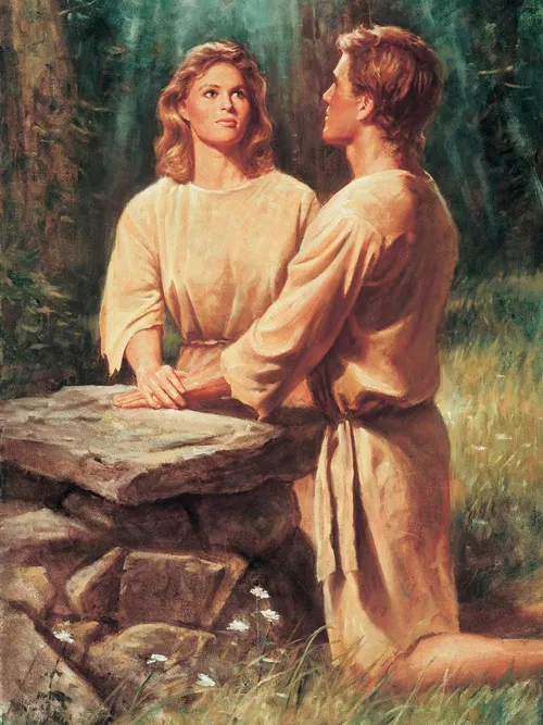 亞當和夏娃跪在祭壇前