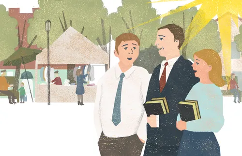 一對夫妻和朋友走路去教會