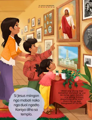 family looking at picture of Jesus on the wall