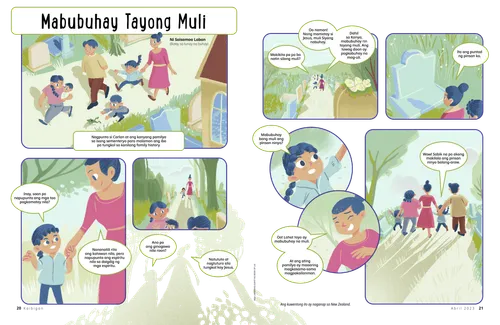 Pahina ng PDF na comic-style na kuwento ng isang pamilya na bumibisita sa isang sementeryo