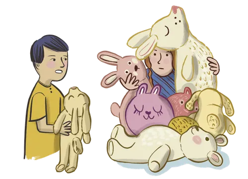 This the image of two children acting out the story. 1. Deborah under a palm tree. 2. Activity: Pieces of paper cut out in the shapes pf grain kernels, a stick, glue. 3. Two children throwing pebbles into a rectangle. 4. Two children acting out the story in Samuel 12: 1-4.