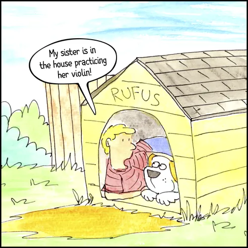 young man in doghouse with dog