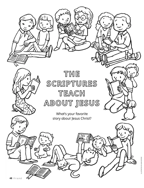 Coloring page with lineart of children reading the scriptures