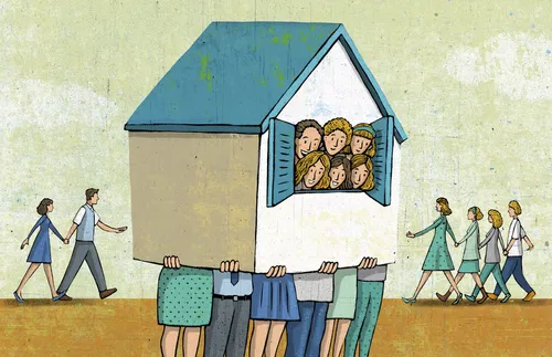 family looking out window of house