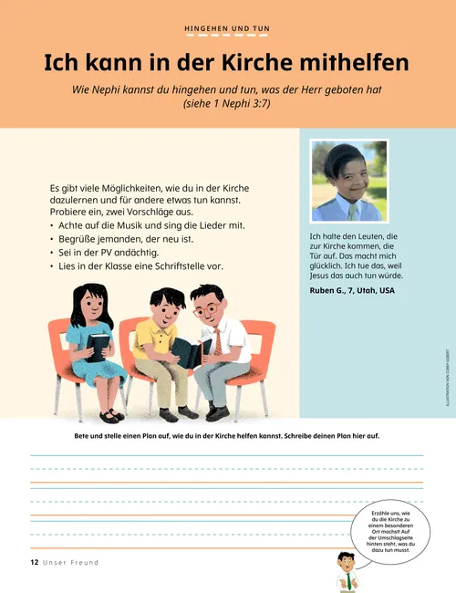 PDF: Kinder, die in der PV in den heiligen Schriften lesen; dazu leere Zeilen für eine Schreibaufgabe