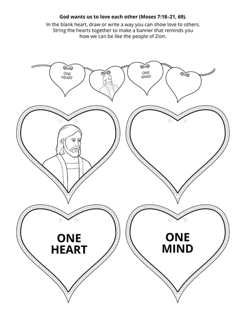 Coloring page for the 2022 Come, Follow Me for Primary. God wants us to love each other (Moses 7:18–21, 69).