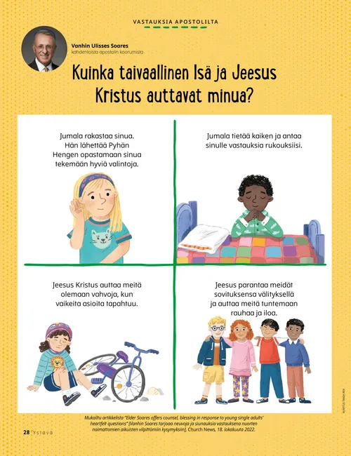 PDF-sivu, jossa lapsia kuuntelemassa, rukoilemassa, pudonneena polkupyörän selästä ja ystävien kanssa