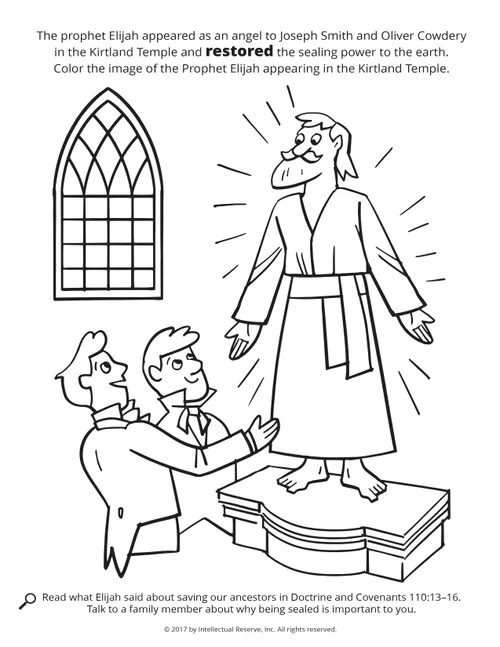 Line drawings of the prophet Elijah, Joseph Smith, and Oliver Cowdery inside the Kirtland Temple, with a window in the background.