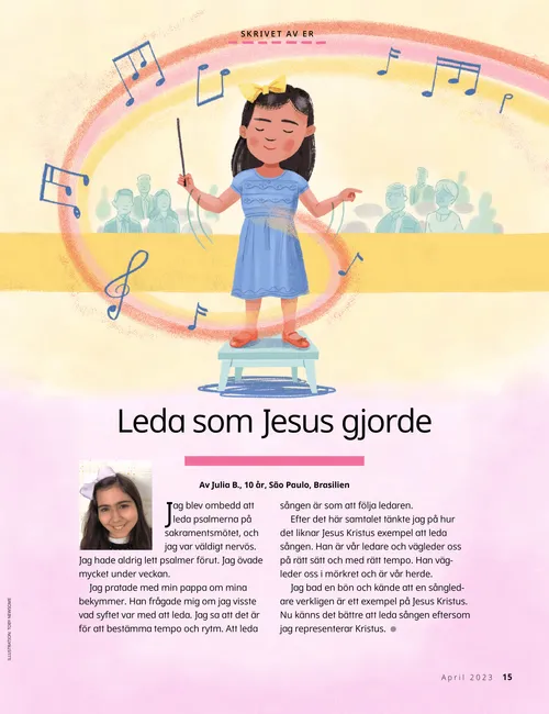 Pdf-sida med en illustration av en flicka som leder musik.