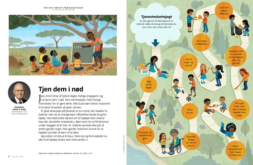 PDF-side af en mand i Østafrika, der underviser børn under et træ; plus en tjenesteaktivitet med en labyrint