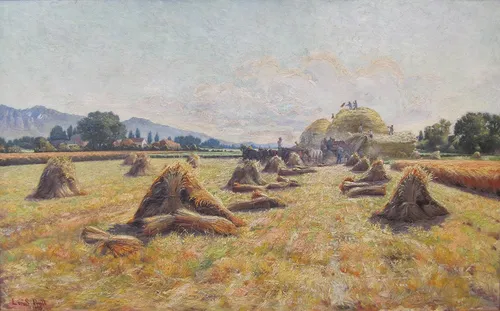 Painting of bundles of wheat at harvest time.