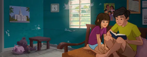 A young boy and girl reading the Pearl of Great Price.