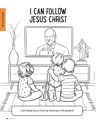 Coloring page of kids watching general conference at home