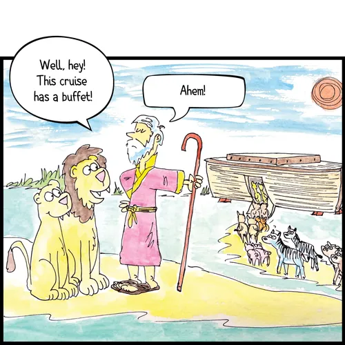 lions with Noah while animals board the ark