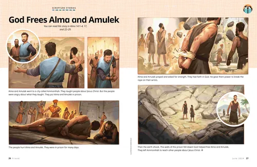 Page PDF with illustrations of Alma and Amulek being put in prison and then miraculously released