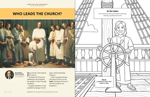 Illustration of Jesus Christ and the original Apostles, plus a coloring activity of Jesus steering a ship