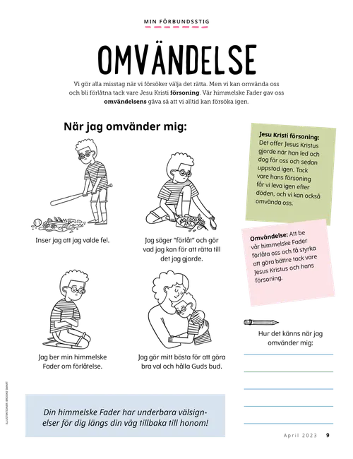 Pdf-sida med ett barn som går igenom omvändelsens steg efter att ha slagit sönder en vas; plus en skrivövning.