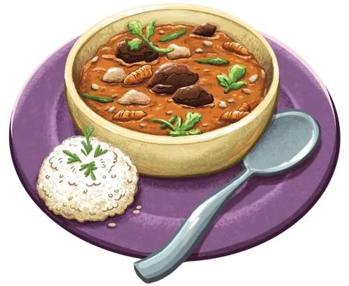 A plate of stew and rice