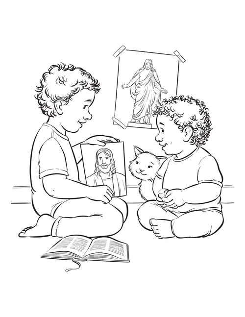 Coloring page of two children looking at pictures of Jesus Christ