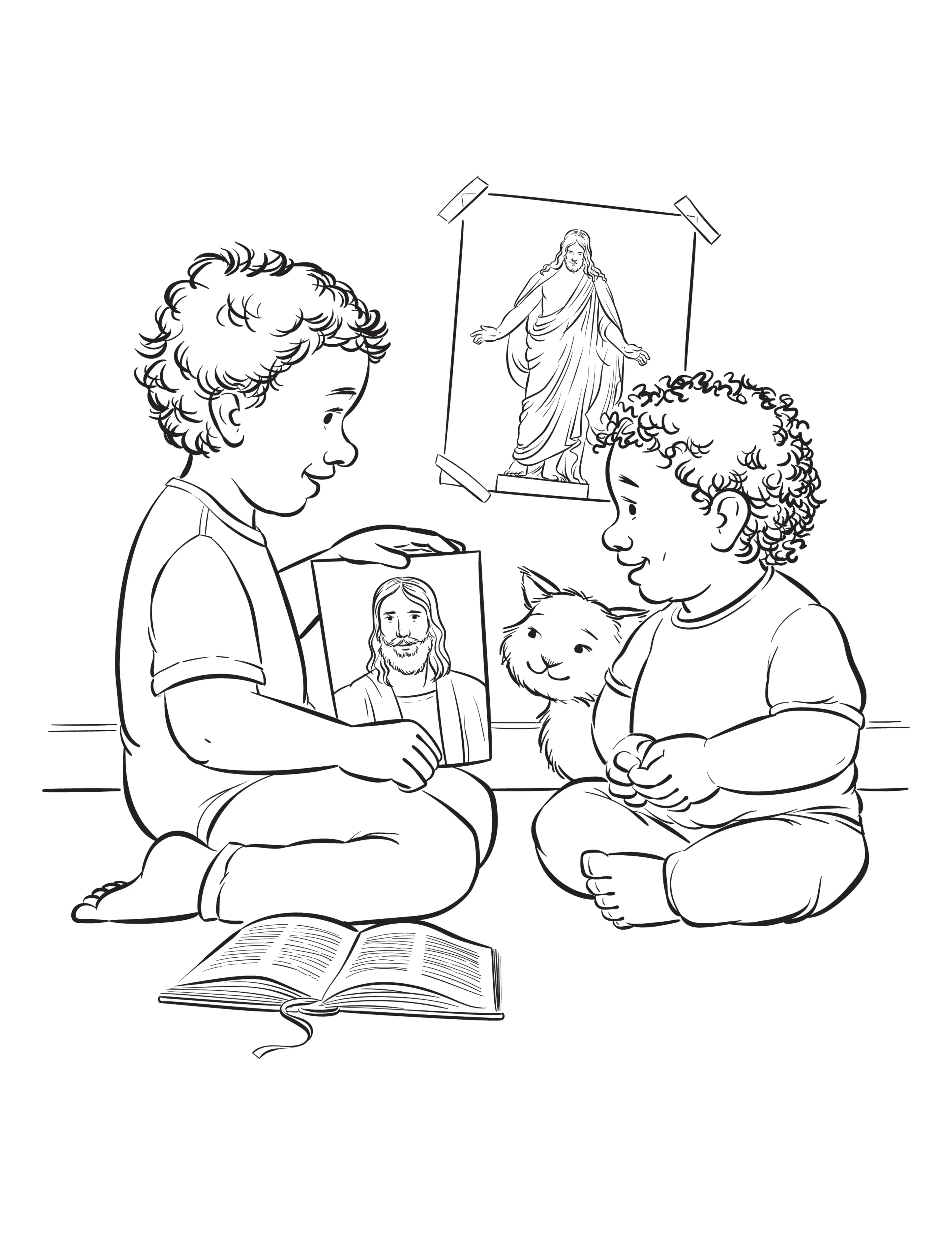 An illustration of two children sitting together, one of the children is holding a cat, the other is showing the other a picture of Jesus Christ