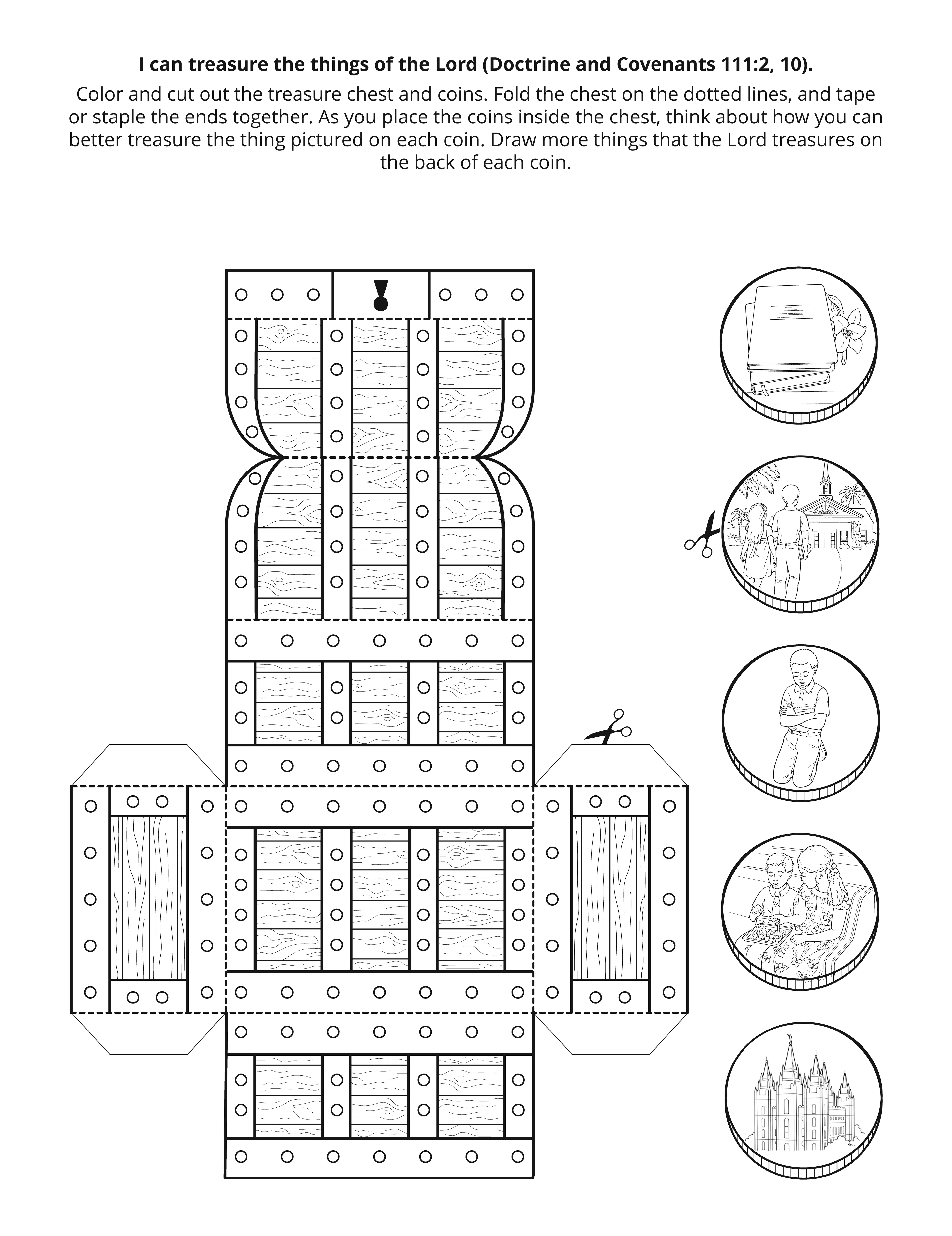 Line drawing is a coloring page that depicts a treasure chest with coins representing the blessings things of the Church. © undefined ipCode 1.