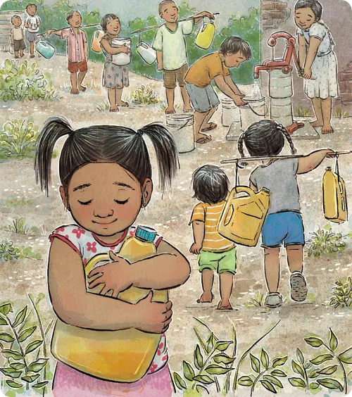 girl praying while helping carry water jug