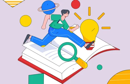 running man surrounded by planets, a book, and a lightbulb